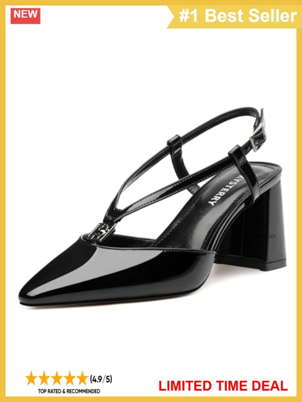 Women's Slingback Chunky Block Heel Pumps Pointed Toe Patent Finish